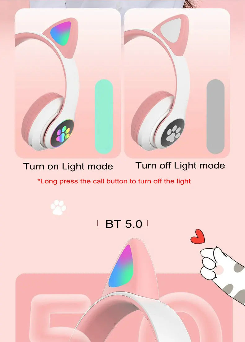 Flash Light Cat Ears Headphones Wireless With MIC Control LED Kid Girl Stereo Cute Music Helmet Bluetooth Phone Headset Earphone