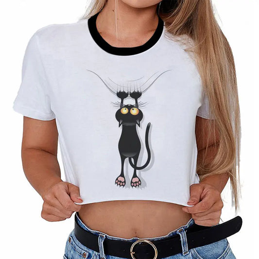 Summer Fashion Harajuku Sexy Tank Crop Top White T Shirt Clothes Women Naughty Black Cat Women Cute Cartoon Croptop Short Sleeve