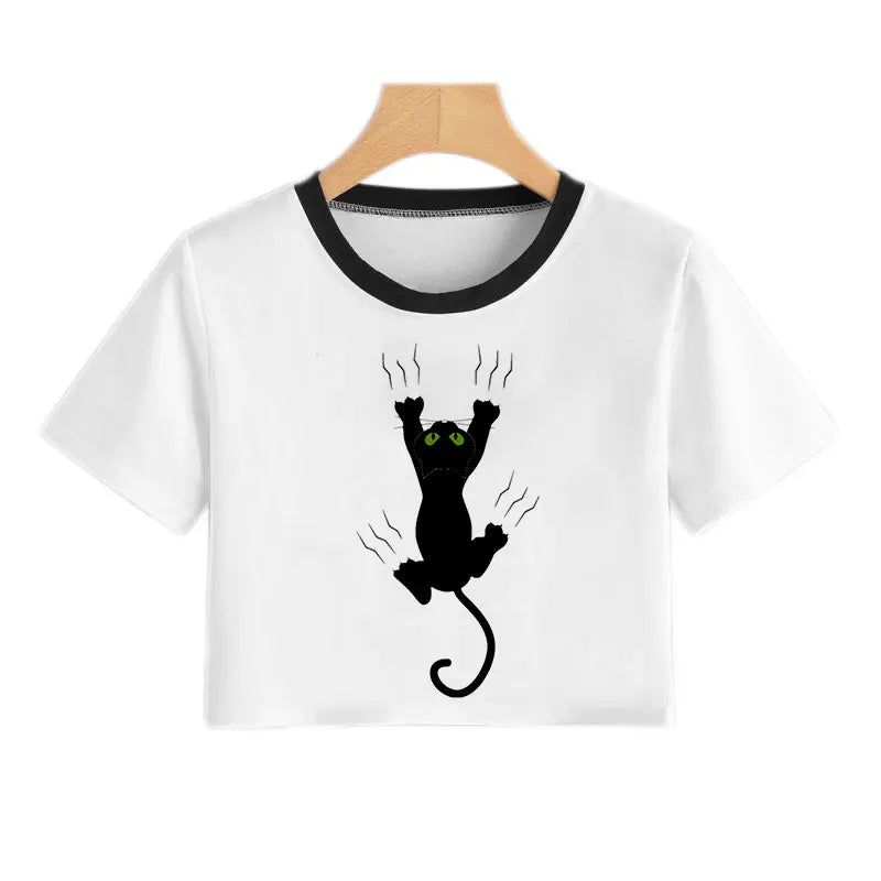 Summer Fashion Harajuku Sexy Tank Crop Top White T Shirt Clothes Women Naughty Black Cat Women Cute Cartoon Croptop Short Sleeve