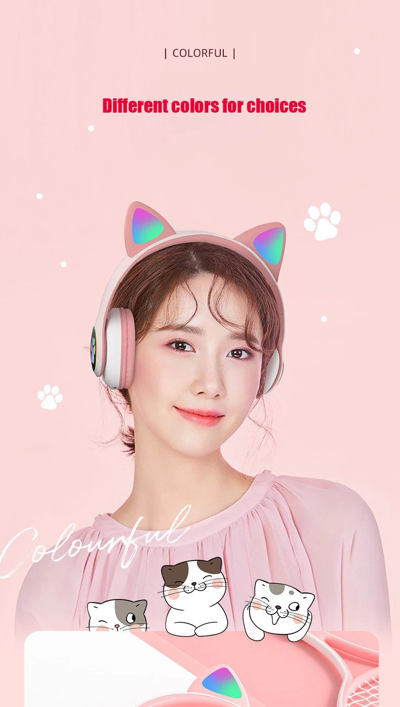 Flash Light Cat Ears Headphones Wireless With MIC Control LED Kid Girl Stereo Cute Music Helmet Bluetooth Phone Headset Earphone