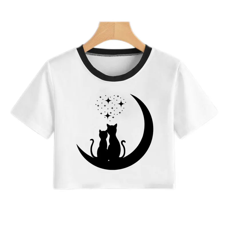 Summer Fashion Harajuku Sexy Tank Crop Top White T Shirt Clothes Women Naughty Black Cat Women Cute Cartoon Croptop Short Sleeve