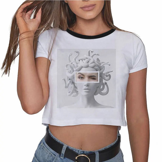 2020 Summer Fashion Harajuku Sexy Tank Crop Top White T Shirt Clothes Women Cute Medusa Print Croptop Gothic Short Sleeve Mujer