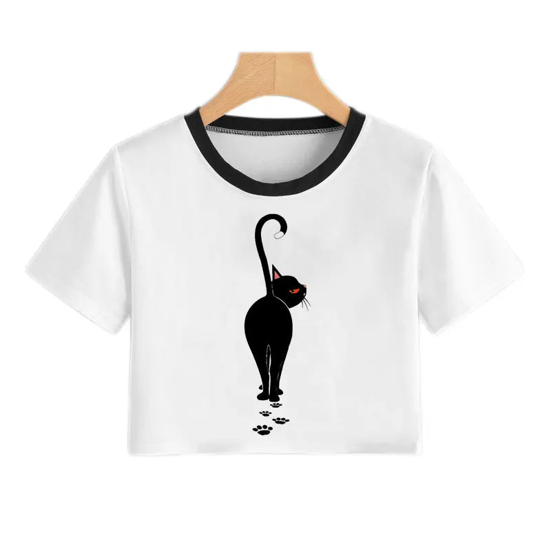 Summer Fashion Harajuku Sexy Tank Crop Top White T Shirt Clothes Women Naughty Black Cat Women Cute Cartoon Croptop Short Sleeve