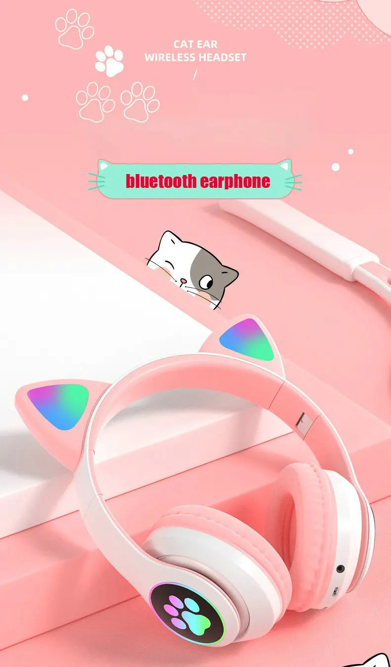 Flash Light Cat Ears Headphones Wireless With MIC Control LED Kid Girl Stereo Cute Music Helmet Bluetooth Phone Headset Earphone