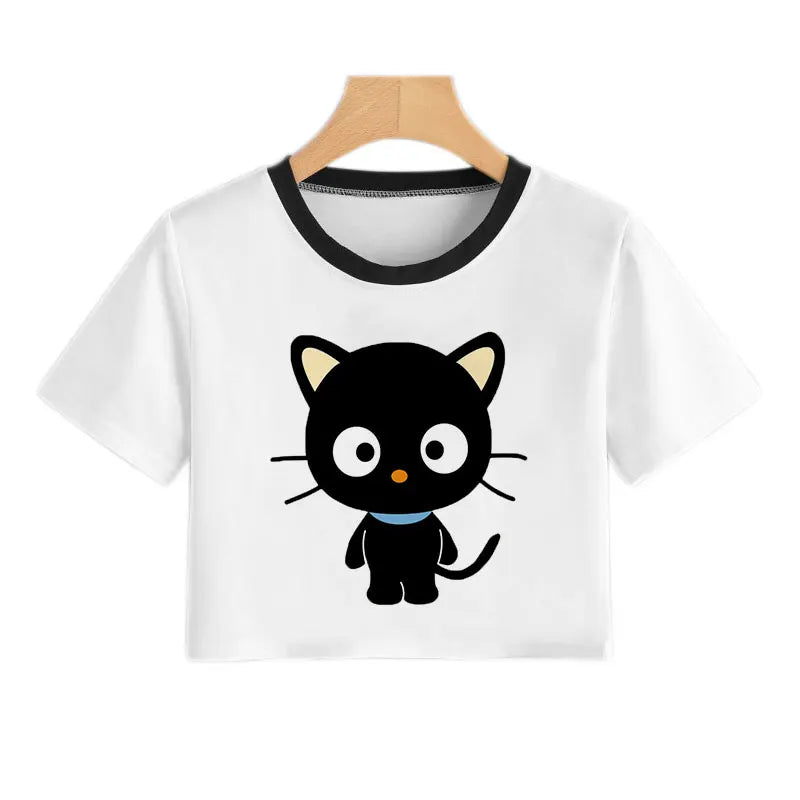 Summer Fashion Harajuku Sexy Tank Crop Top White T Shirt Clothes Women Naughty Black Cat Women Cute Cartoon Croptop Short Sleeve