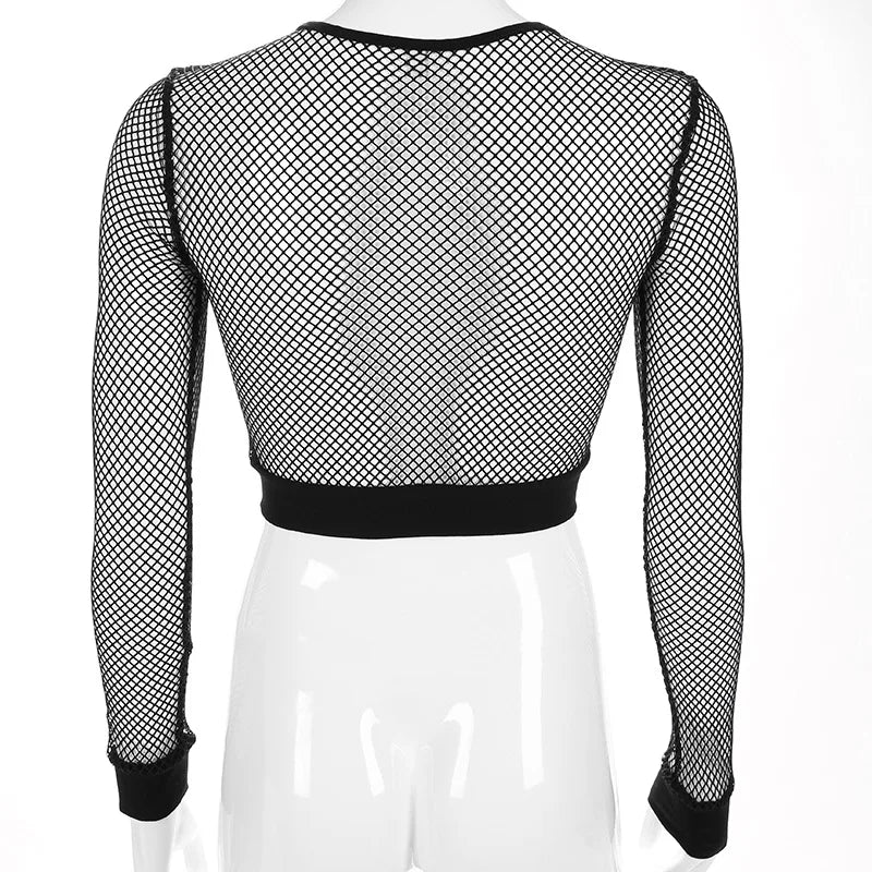 Sexy Black Hollow Out Mesh T-Shirt Female Skinny Crop Top 2023 New Fashion Summer Basic Tops For Women Fishnet Shirt