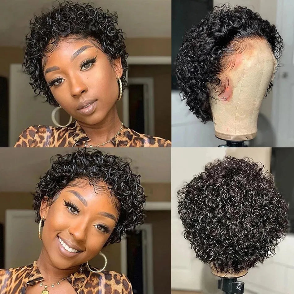 Pixie Cut Short Curly Human Hair Wig, Cheap Brazilian Remy Hair, 13X1 Transparent Lace Wigs for Women on Sale.