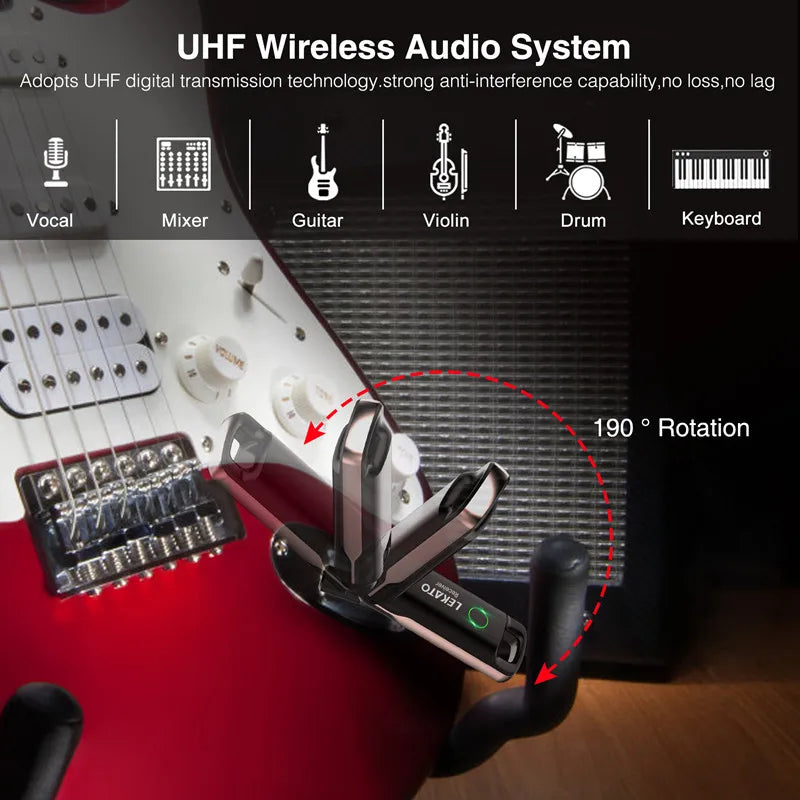 Lekato Wireless Transmitter and Receiver for Guitar Accessories Ws-70 Rechargeable Audio Guitar Wireless System 70 Channels 40M