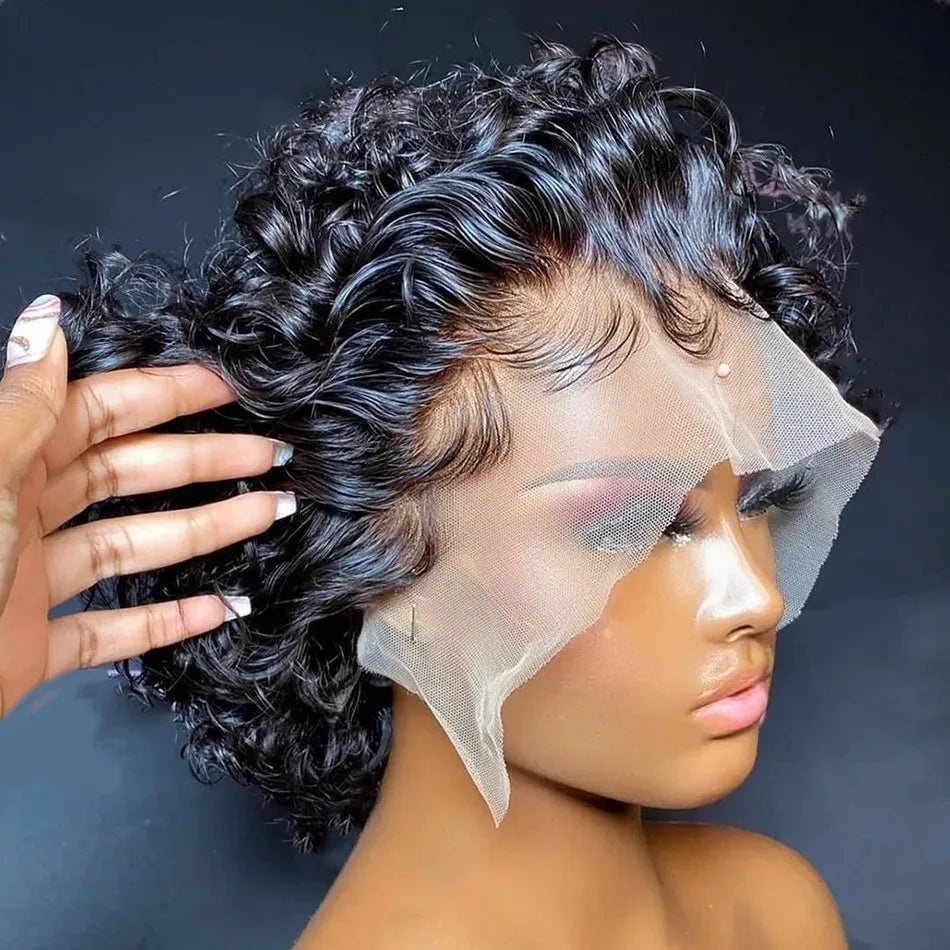 Pixie Cut Short Curly Human Hair Wig, Cheap Brazilian Remy Hair, 13X1 Transparent Lace Wigs for Women on Sale.