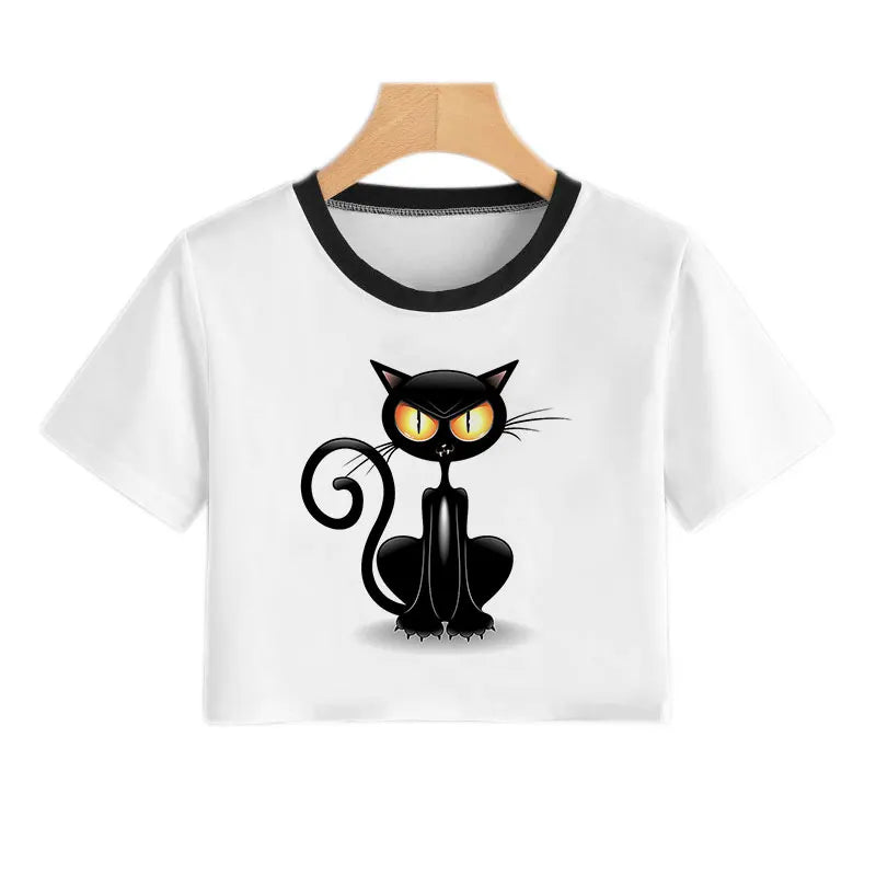 Summer Fashion Harajuku Sexy Tank Crop Top White T Shirt Clothes Women Naughty Black Cat Women Cute Cartoon Croptop Short Sleeve