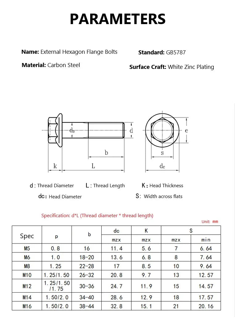 M4 M5 M6 M8 External Hexagon Flange Bolts 8.8 Grade White Zinc Plated Hexagonal Flange Screws with Belt Pad  8 10 20 30 70 110mm