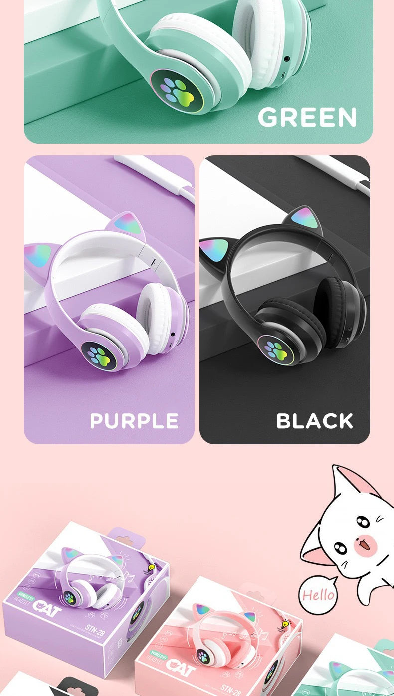 Flash Light Cat Ears Headphones Wireless With MIC Control LED Kid Girl Stereo Cute Music Helmet Bluetooth Phone Headset Earphone