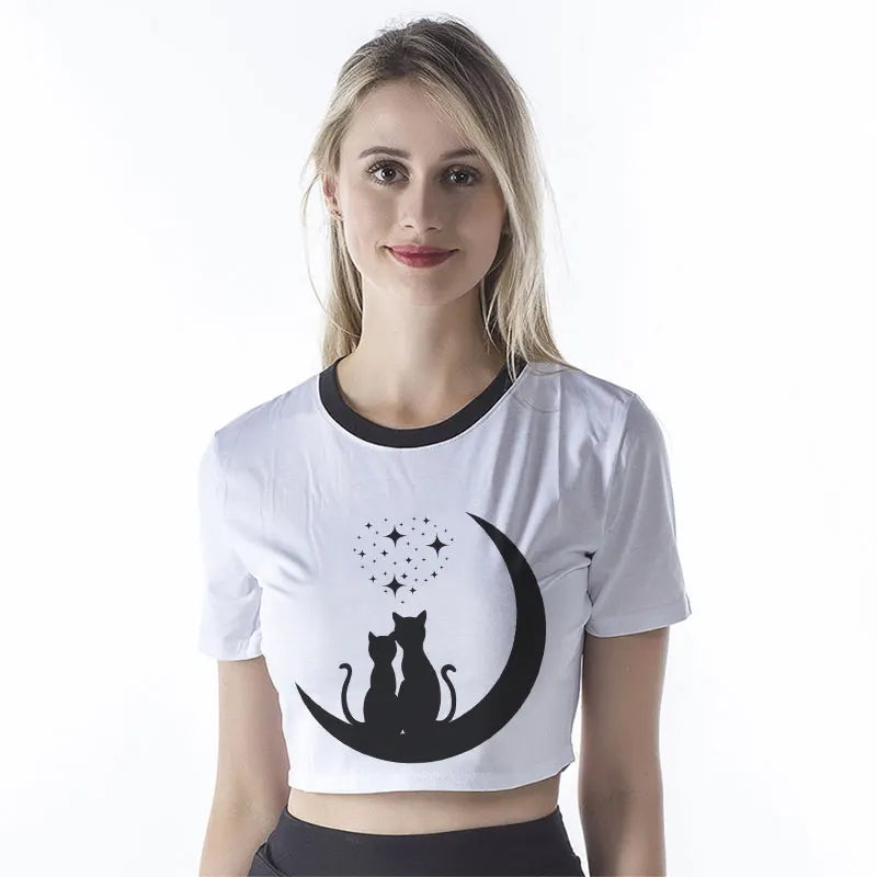 Summer Fashion Harajuku Sexy Tank Crop Top White T Shirt Clothes Women Naughty Black Cat Women Cute Cartoon Croptop Short Sleeve