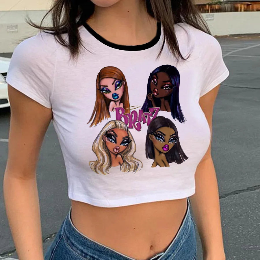 New Bratz Letter Graphic Print T-shirt Harajuku Crop Tops O-neck Short Sleeve Shirts 2021 Summer Fashion Y2k Anime Female Tshirt