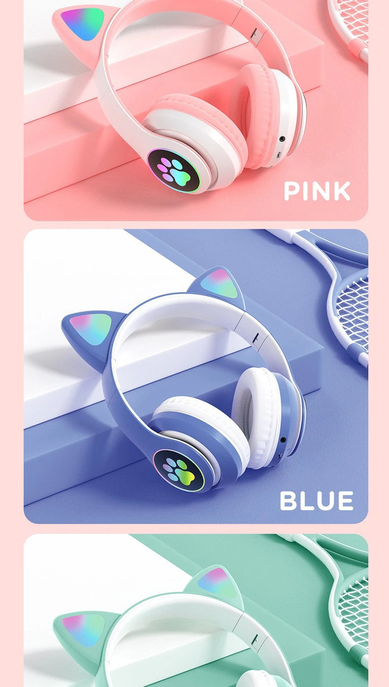 Flash Light Cat Ears Headphones Wireless With MIC Control LED Kid Girl Stereo Cute Music Helmet Bluetooth Phone Headset Earphone