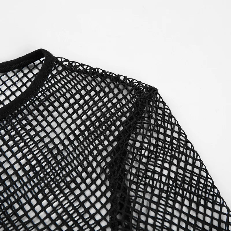 Sexy Black Hollow Out Mesh T-Shirt Female Skinny Crop Top 2023 New Fashion Summer Basic Tops For Women Fishnet Shirt