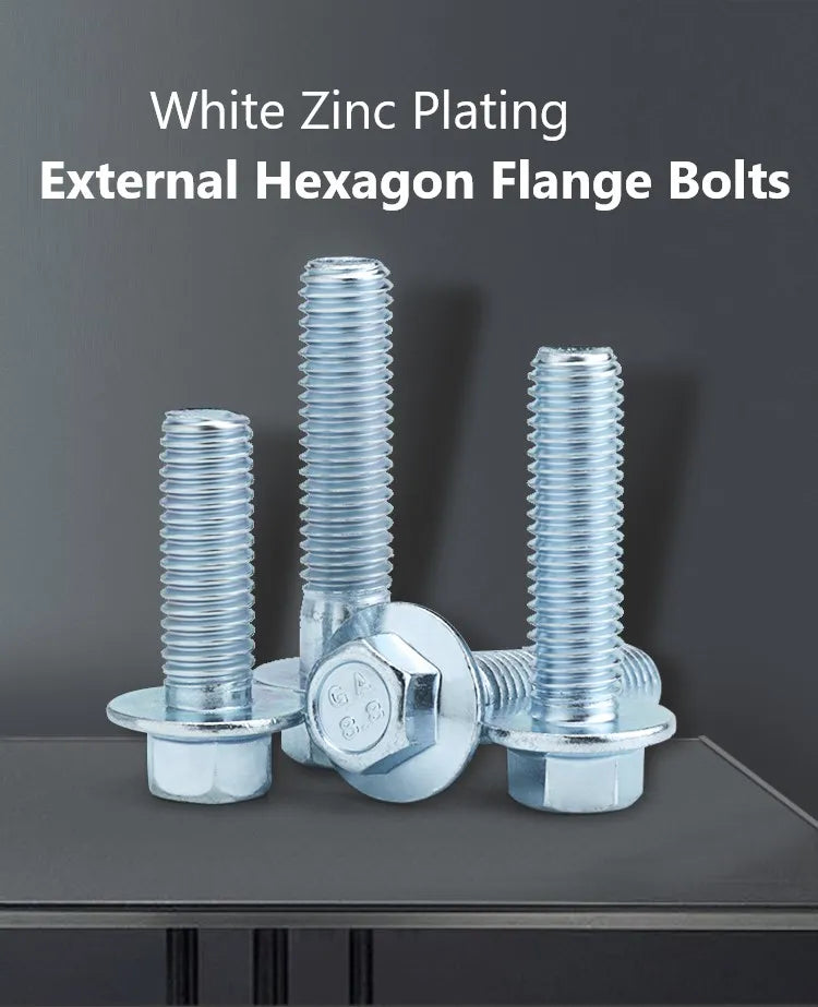 M4 M5 M6 M8 External Hexagon Flange Bolts 8.8 Grade White Zinc Plated Hexagonal Flange Screws with Belt Pad  8 10 20 30 70 110mm