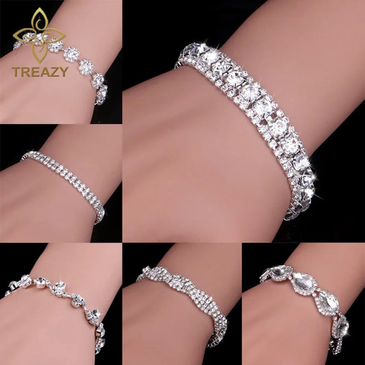 TREAZY New Luxury Rhinestone Crystal Bracelets & Bangles for Women Silver Plated Bridal Bracelets Wedding Jewelry Accessories