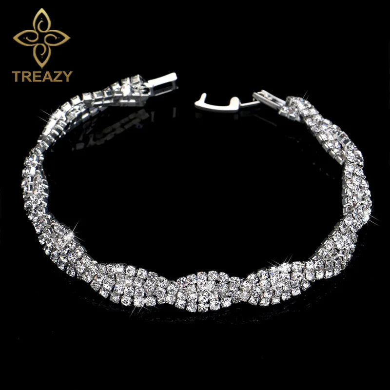 TREAZY New Luxury Rhinestone Crystal Bracelets & Bangles for Women Silver Plated Bridal Bracelets Wedding Jewelry Accessories