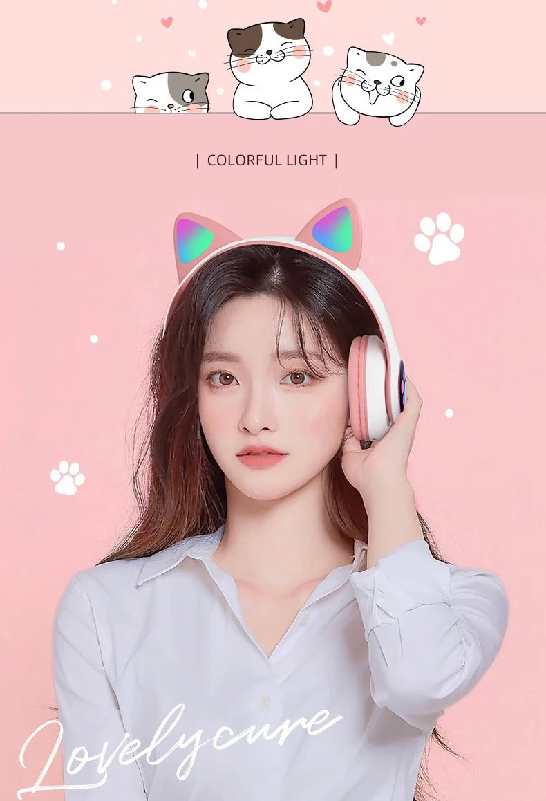 Flash Light Cat Ears Headphones Wireless With MIC Control LED Kid Girl Stereo Cute Music Helmet Bluetooth Phone Headset Earphone