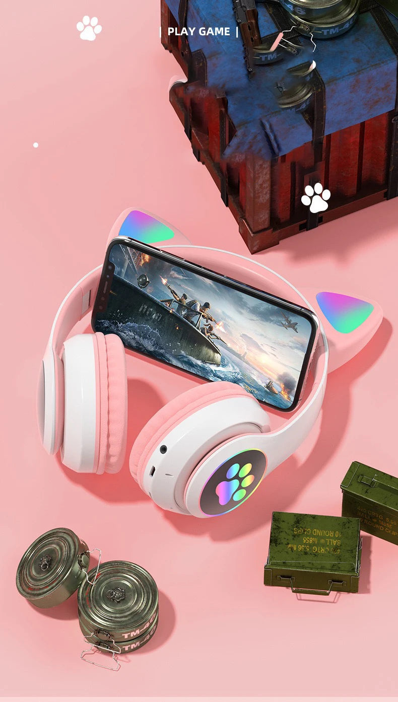 Flash Light Cat Ears Headphones Wireless With MIC Control LED Kid Girl Stereo Cute Music Helmet Bluetooth Phone Headset Earphone