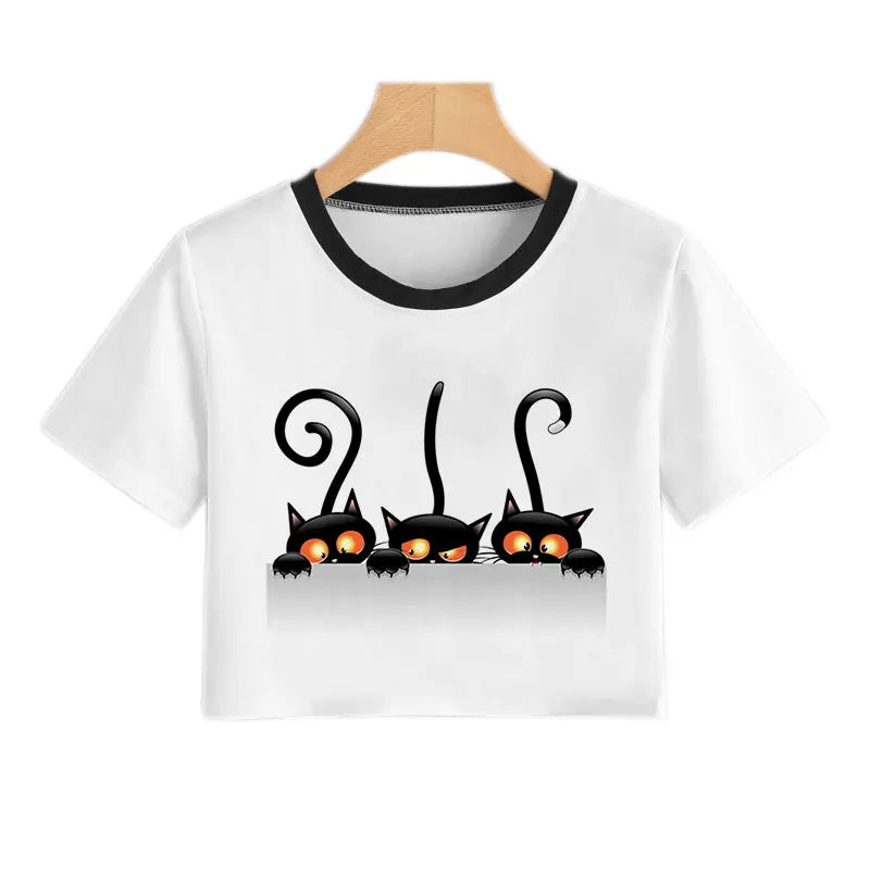 Summer Fashion Harajuku Sexy Tank Crop Top White T Shirt Clothes Women Naughty Black Cat Women Cute Cartoon Croptop Short Sleeve