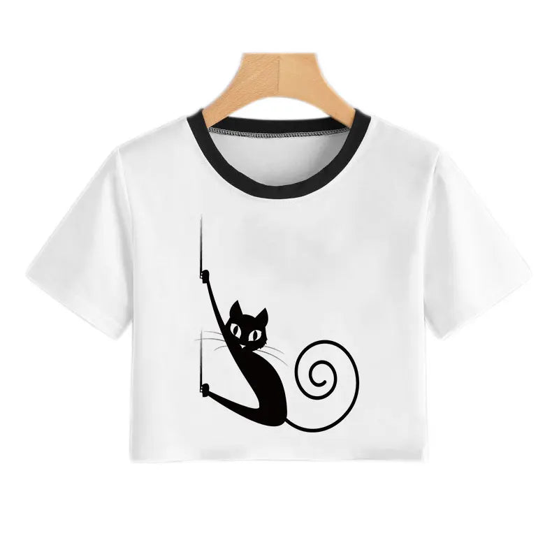 Summer Fashion Harajuku Sexy Tank Crop Top White T Shirt Clothes Women Naughty Black Cat Women Cute Cartoon Croptop Short Sleeve