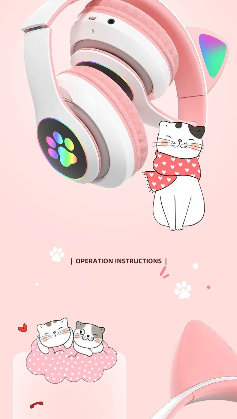 Flash Light Cat Ears Headphones Wireless With MIC Control LED Kid Girl Stereo Cute Music Helmet Bluetooth Phone Headset Earphone