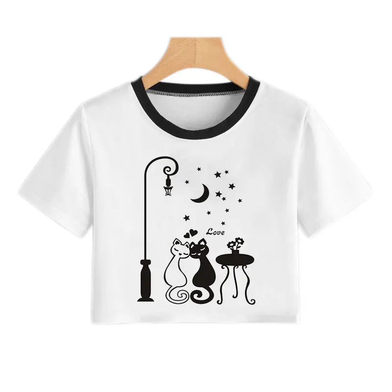 Summer Fashion Harajuku Sexy Tank Crop Top White T Shirt Clothes Women Naughty Black Cat Women Cute Cartoon Croptop Short Sleeve