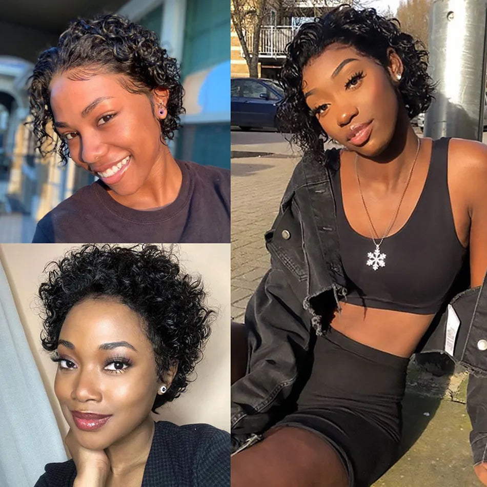 Pixie Cut Short Curly Human Hair Wig, Cheap Brazilian Remy Hair, 13X1 Transparent Lace Wigs for Women on Sale.