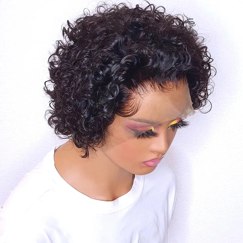 Pixie Cut Short Curly Human Hair Wig, Cheap Brazilian Remy Hair, 13X1 Transparent Lace Wigs for Women on Sale.