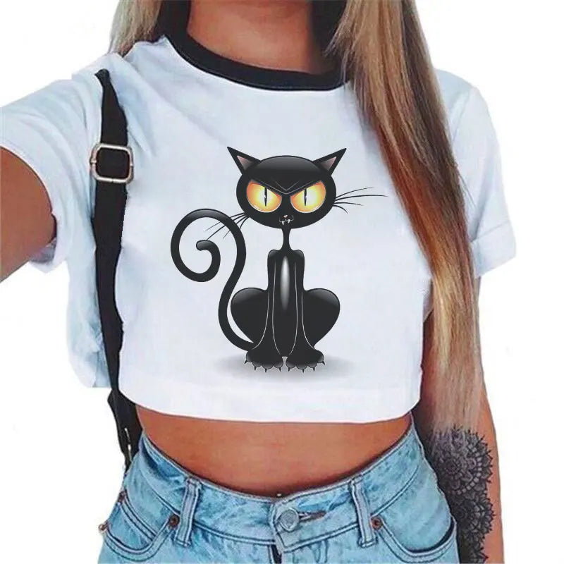 Summer Fashion Harajuku Sexy Tank Crop Top White T Shirt Clothes Women Naughty Black Cat Women Cute Cartoon Croptop Short Sleeve