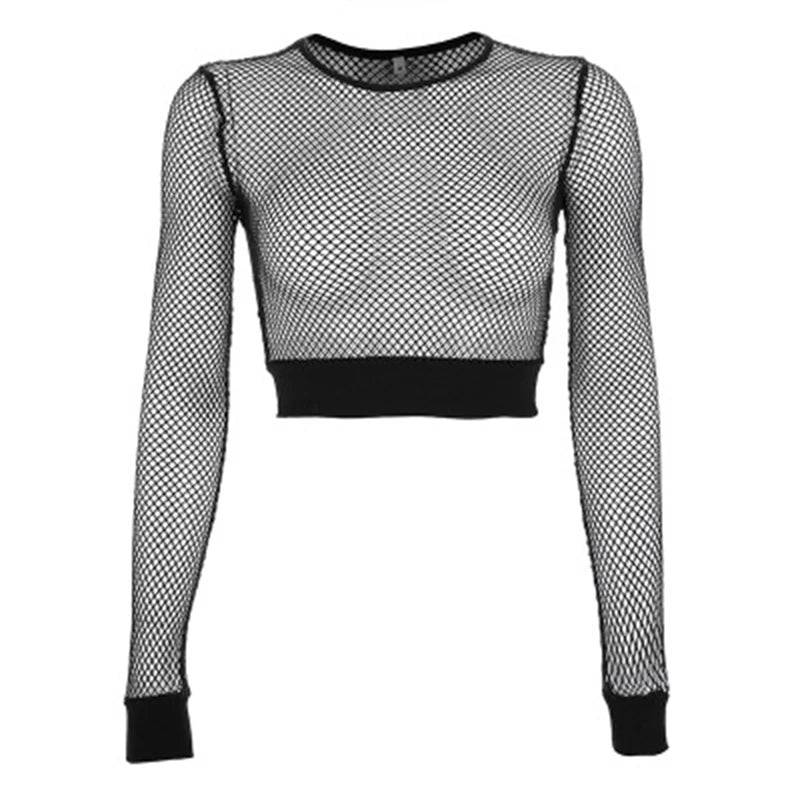 Sexy Black Hollow Out Mesh T-Shirt Female Skinny Crop Top 2023 New Fashion Summer Basic Tops For Women Fishnet Shirt