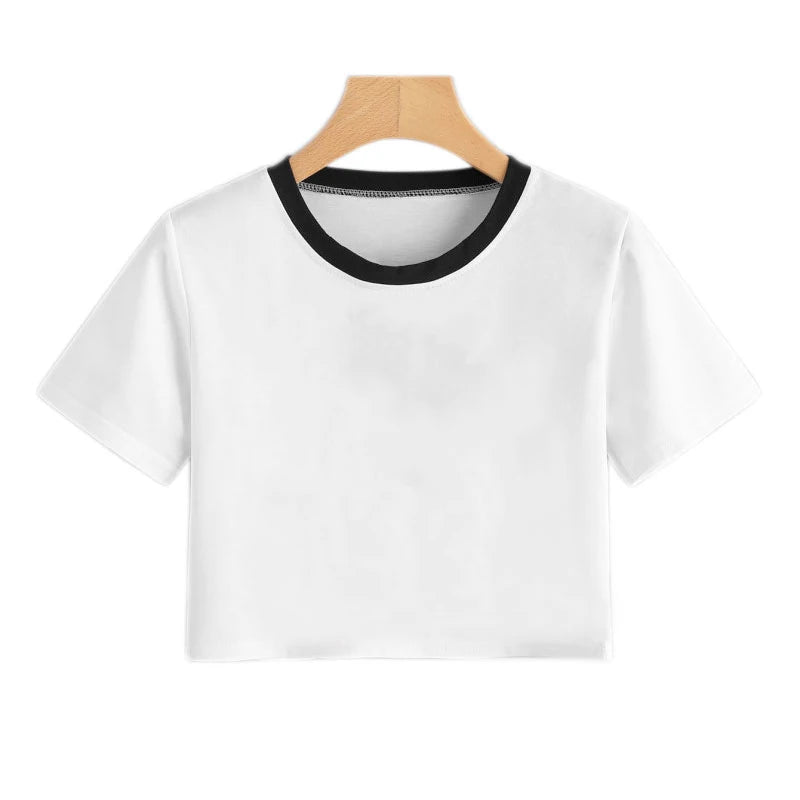 Summer Fashion Harajuku Sexy Tank Crop Top White T Shirt Clothes Women Naughty Black Cat Women Cute Cartoon Croptop Short Sleeve