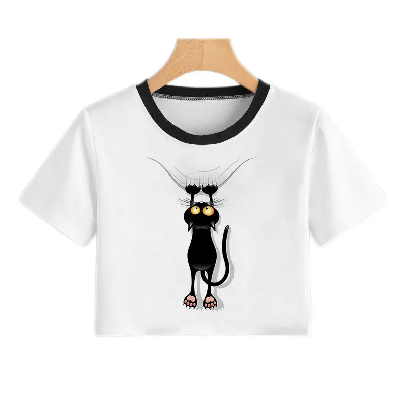 Summer Fashion Harajuku Sexy Tank Crop Top White T Shirt Clothes Women Naughty Black Cat Women Cute Cartoon Croptop Short Sleeve