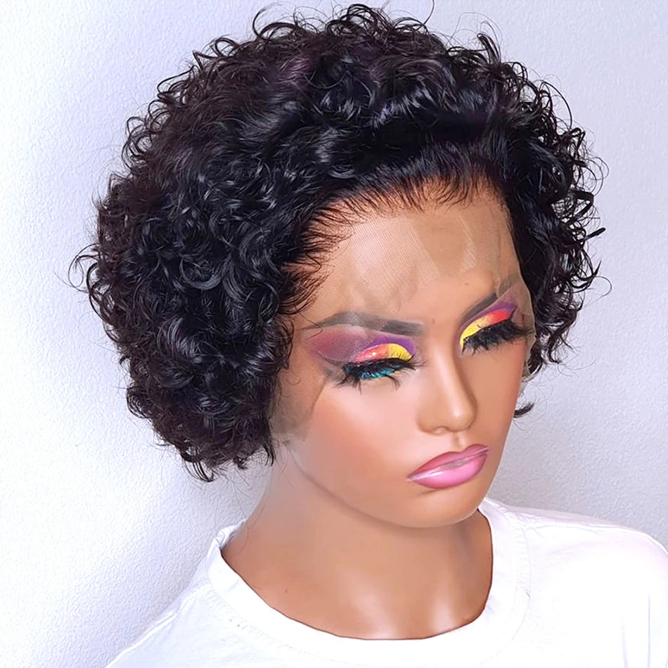 Pixie Cut Short Curly Human Hair Wig, Cheap Brazilian Remy Hair, 13X1 Transparent Lace Wigs for Women on Sale.