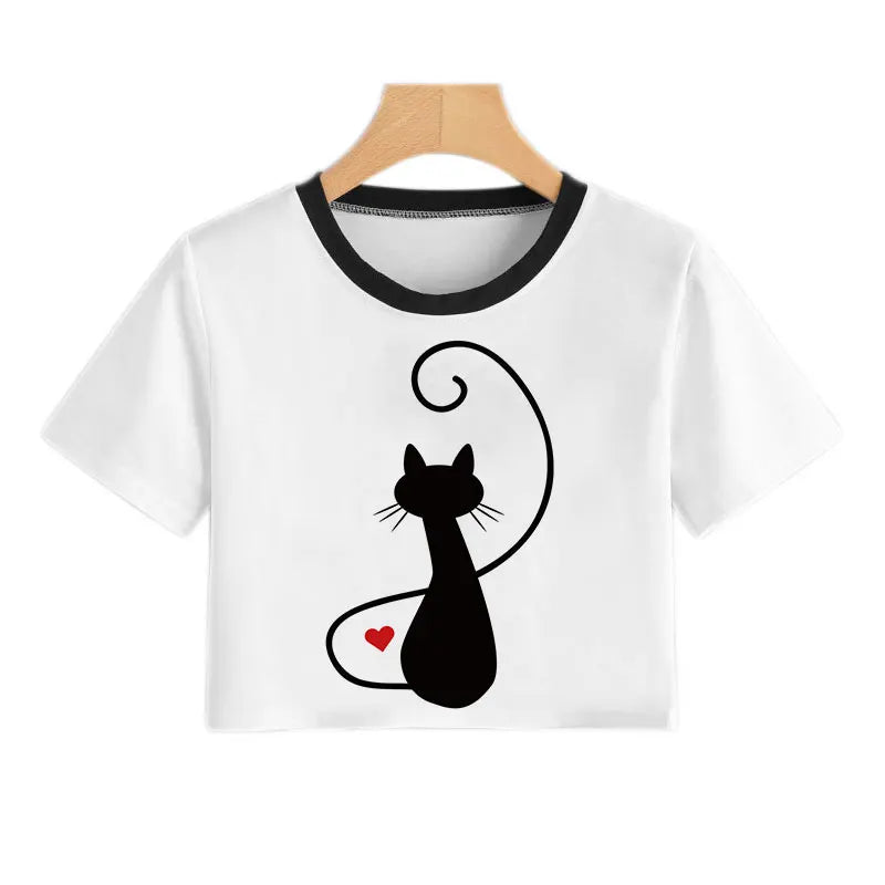 Summer Fashion Harajuku Sexy Tank Crop Top White T Shirt Clothes Women Naughty Black Cat Women Cute Cartoon Croptop Short Sleeve