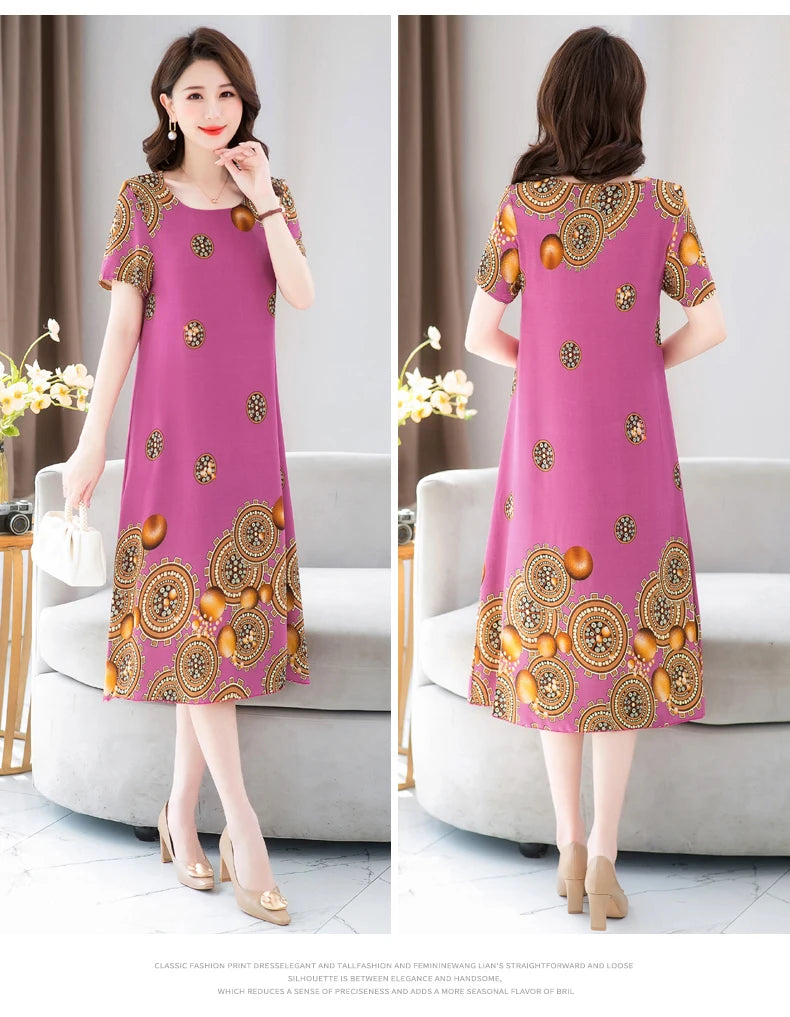 New Fashion 2024 Summer Dress For Long Vintage Loose Women Elegant Short Sleeve Casual O-neck Dresses Print Woman Clothing