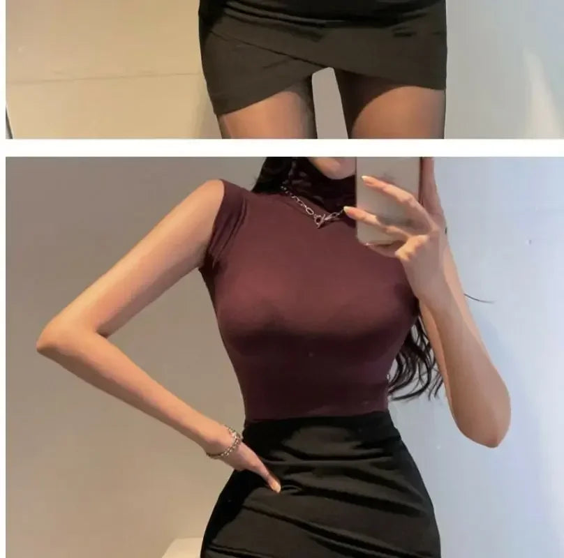 Sexy Turtleneck Sleeveless T Shirts Female Vintage Women Clothing 2023 Summer New Slim Tee Shirt Femme Fashion Korean Y2K Tops