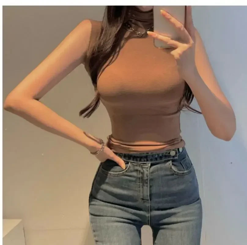 Sexy Turtleneck Sleeveless T Shirts Female Vintage Women Clothing 2023 Summer New Slim Tee Shirt Femme Fashion Korean Y2K Tops