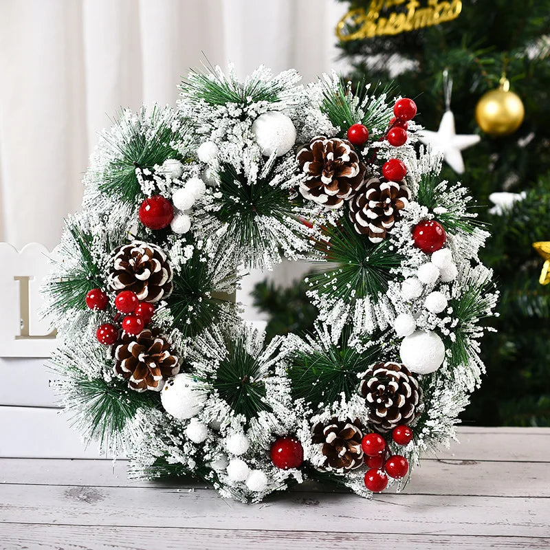 30*30cm Christmas Wreath, Artificial Red Berries Pine Cones Hanging Xmas Garland Ornament For Wall Window Door Christmas Pendant