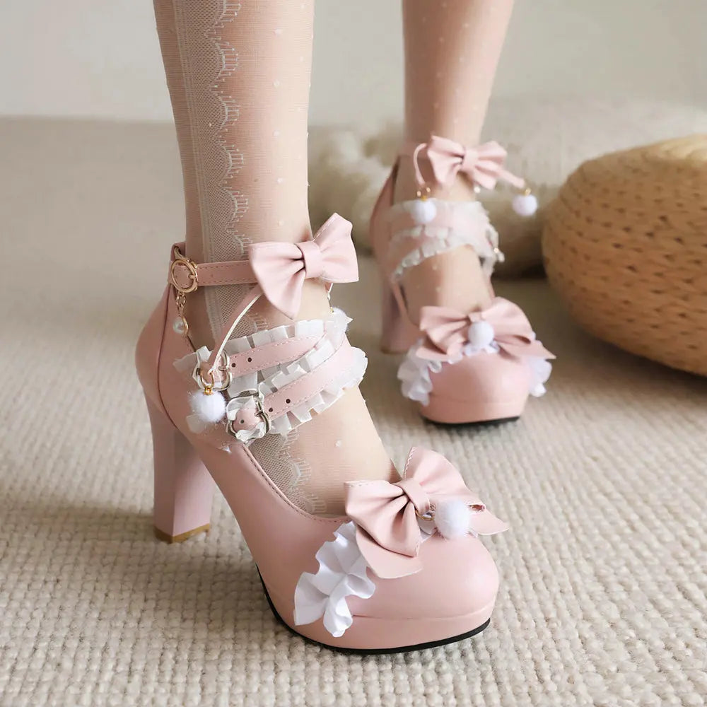 Pink Plush Ball Lace Bow High Heels, Purple Cute Girly Platforms Vintage Style Aesthetic Shoes Sissy ABDL Princess Cosplay Pumps