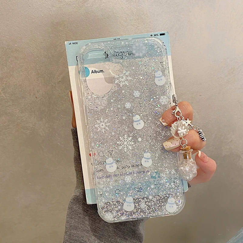 Winter Glitter Snowman Snowflake Phone Case For iPhone 16 Pro Max 15 13 14 Silver Foil Transparent TPU Back Cover