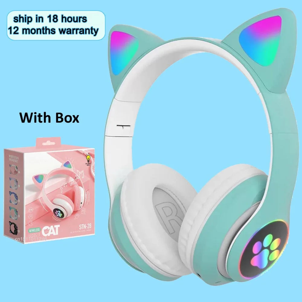 Flash Light Cat Ears Headphones Wireless With MIC Control LED Kid Girl Stereo Cute Music Helmet Bluetooth Phone Headset Earphone