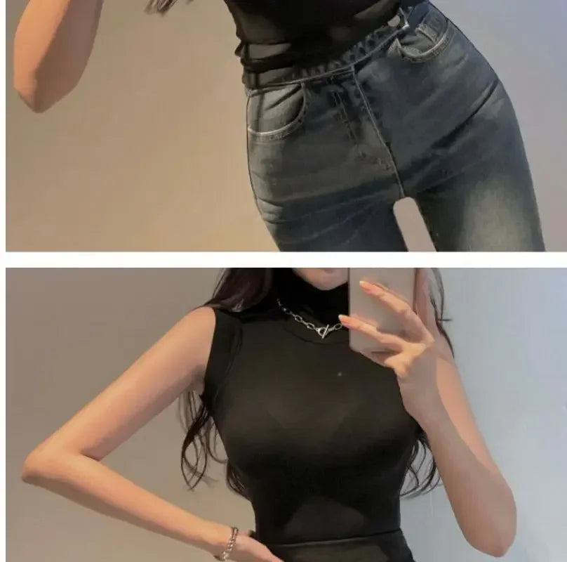 Sexy Turtleneck Sleeveless T Shirts Female Vintage Women Clothing 2023 Summer New Slim Tee Shirt Femme Fashion Korean Y2K Tops