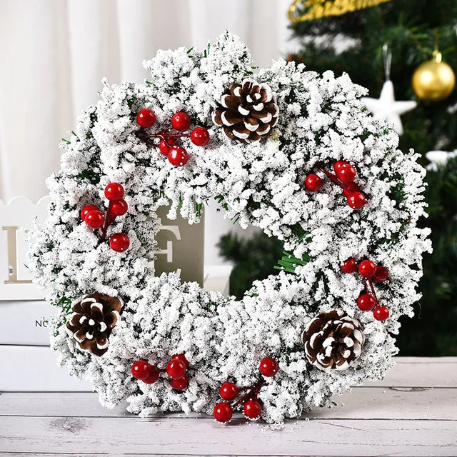 30*30cm Christmas Wreath, Artificial Red Berries Pine Cones Hanging Xmas Garland Ornament For Wall Window Door Christmas Pendant