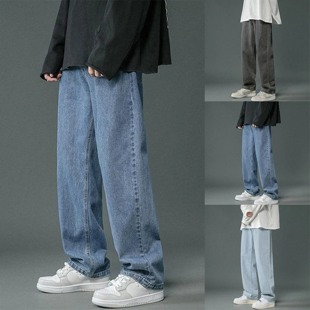 Korean Mens Hip Hop Long Baggy Jeans Straight Wide Leg Pants Soft Streetwear Trousers Men New Hong Kong Style Solid Color Trendy