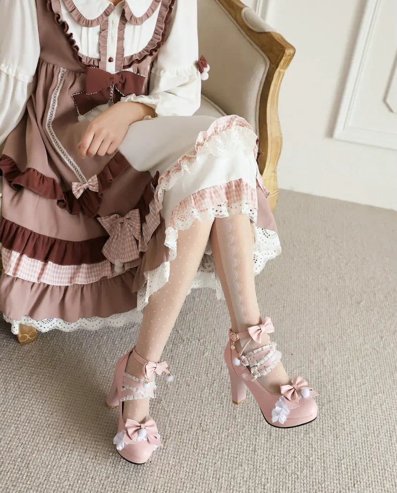 Pink Plush Ball Lace Bow High Heels, Purple Cute Girly Platforms Vintage Style Aesthetic Shoes Sissy ABDL Princess Cosplay Pumps