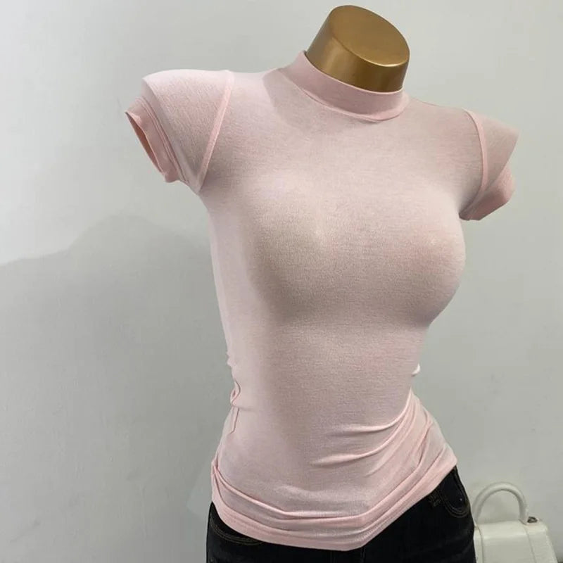 Half-high Collar T-shirt korean Transparent Short-sleeved Slim-fit Elastic Solid Inner Bottoming Shirt Sexy Big Chest T-shirt