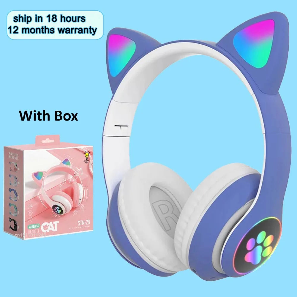 Flash Light Cat Ears Headphones Wireless With MIC Control LED Kid Girl Stereo Cute Music Helmet Bluetooth Phone Headset Earphone